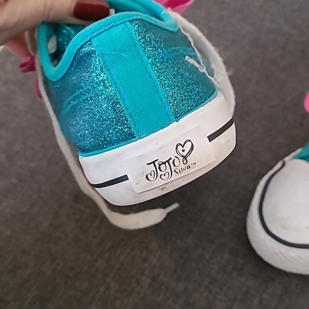 JoJo Siwa turquoise glitter shoes with pink bow sz 2 - Picture 3 of 5